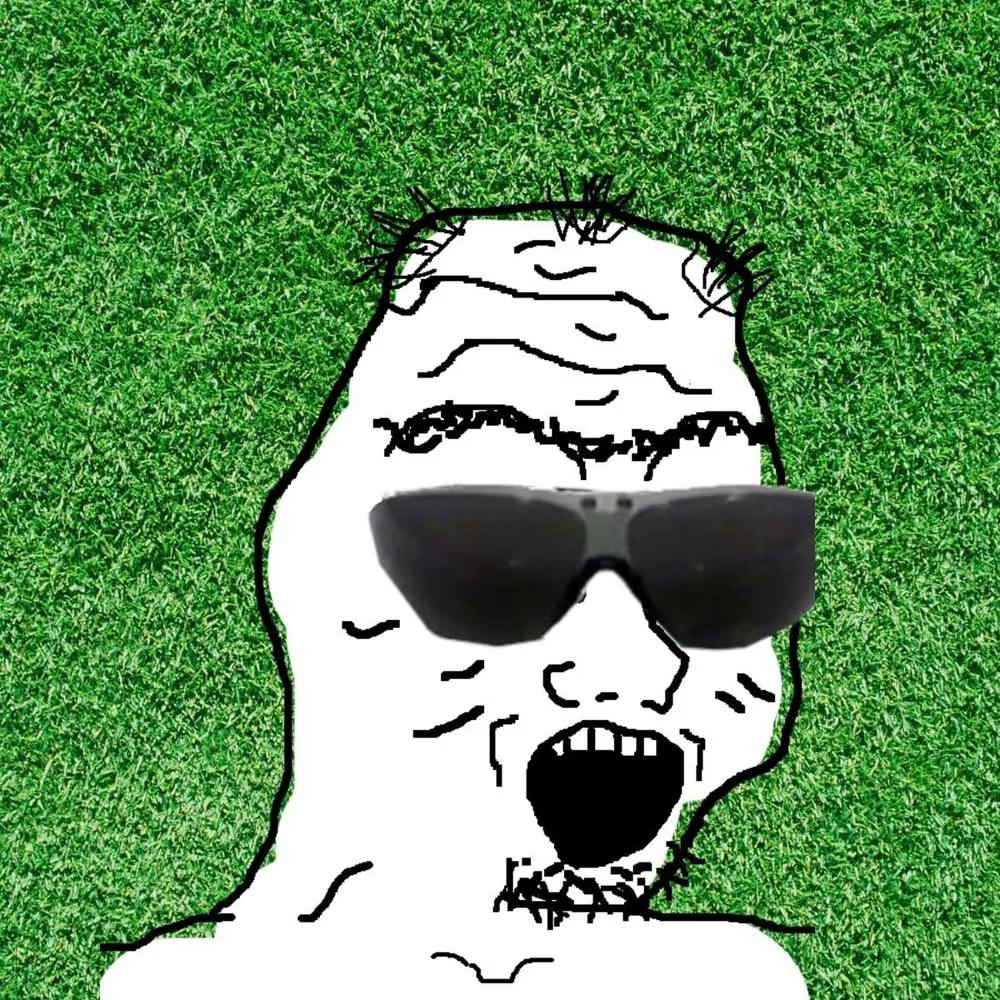 The $BOOMER wojak in sunglasses on a green lawn