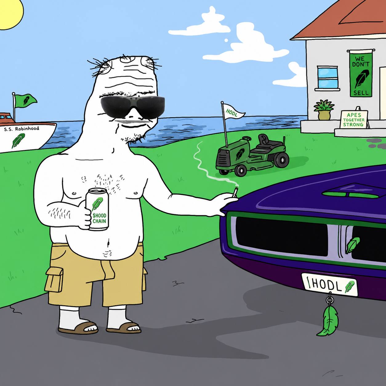 Boomer with a HODL muscle car and $HOOD CHAIN beer